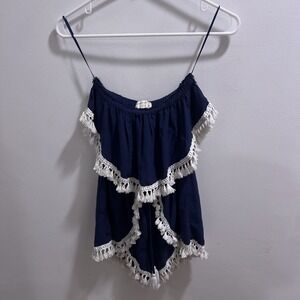 Ocean Drive Lace Fringe Beach Romper Strapless Blue White Medium